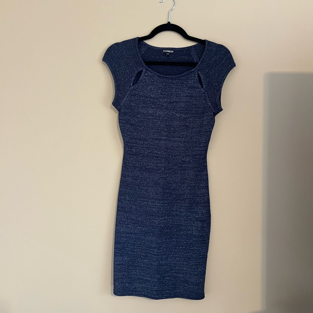 Express Navy Blue + Sparkly BodyCon Dress with Cut Outs